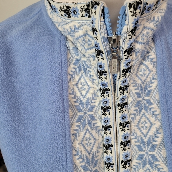 LL Bean Blue Vest Full Zip Size M Fair Isle Trim Knit Fleece Soft Side Pockets - Picture 7 of 11